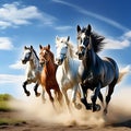 Portrait of Three Beautiful Horses in Motion Against Blue Sky