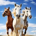 Portrait of Three Beautiful Horses in Motion Against Blue Sky