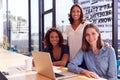 Portrait Of Three Businesswomen With Laptop At Desk By Window In Office Collaborating On Project Royalty Free Stock Photo