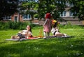 Portrait of three girls in the park at a picnic. Royalty Free Stock Photo