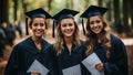 Portrait of three happy students in mortarboards and gowns standing together in the forest