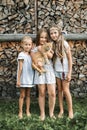 Portrait of three little pretty girls, sisters, in casual wear, standing together on the background of stacked firewood Royalty Free Stock Photo