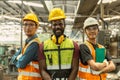 Portrait three man engineer worker team standing arm crossed confident happy smile. group of industry people mix race