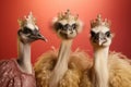 Three ostriches with crowns in golden dresses Royalty Free Stock Photo