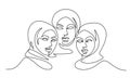 Portrait of three pretty muslim women. One line drawing