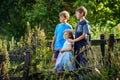 Portrait of three siblings children. Two kids brothers boys and little cute toddler sister girl having fun together on Royalty Free Stock Photo