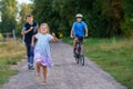 Portrait of three siblings children. Two kids brothers boys and little cute toddler sister girl walking together. Happy Royalty Free Stock Photo