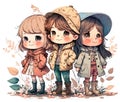 Portrait of three smiling kids, anime characters, cartoon children standing outdoor in a row, nursery art