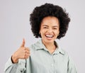 Portrait, thumbs up and black woman laughing in studio isolated on a white background. Success, happiness and person Royalty Free Stock Photo