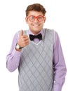 Portrait, thumbs up and glasses with nerd man in studio isolated on white background for agreement. Smile, yes or like