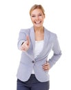 Portrait, thumbs up or happy business woman in studio with motivation, support or thank you sign on white background