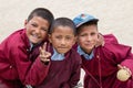 Portrait tibetan three boys in Druk White Lotus School. Ladakh, Leh, India