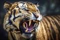 Portrait of a tiger with aberrantly large fangs almost like a saber-toothed tiger with an aggressive gaze and an open mouth, made