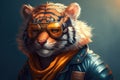 Portrait of a tiger with aviator glasses and leather jacket