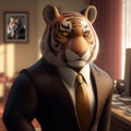 Portrait of tiger in a business suit, at the office. Three dimensional illustration Royalty Free Stock Photo