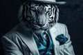 Portrait of a Tiger in a classic blue suit and glasses. Illustration of Generative AI. The bodyguard. Mafia.