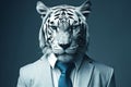 Portrait of a Tiger in a classic blue suit and glasses. Illustration of Generative AI. The bodyguard. Mafia.