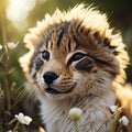 Portrait of a tiger cub in a meadow with white flowers. generative ai Royalty Free Stock Photo