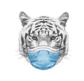 Portrait of Tiger with face mask. Hand-drawn illustration. Royalty Free Stock Photo