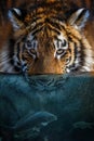 Portrait tiger half in the water. Underwater world with fish and bubbles Royalty Free Stock Photo