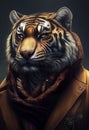 Portrait of a tiger in human stylish clothes. Personification of animal features. Standing confidently and decisively.