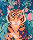 Portrait of a tiger in a jungle surrounded with colorful plants. Vector