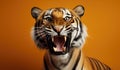 Portrait of a Tiger showing his teeth. Open mouth. Orange background Royalty Free Stock Photo