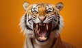 Portrait of a Tiger showing his teeth. Open mouth. Orange background Royalty Free Stock Photo