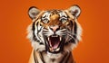 Portrait of a Tiger showing his teeth. Open mouth. Orange background Royalty Free Stock Photo