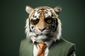Tiger with sunglasses wearing suit and tie on solid green background. Generative AI