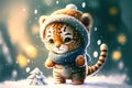 Portrait of a tiger wearing the knitted scarf and hat. Tiger outdoors in the snow in winter during snowfall.
