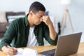 portrait of tired stressed African American man having headache feeling sick Royalty Free Stock Photo