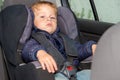 Portrait of toddler boy in car seat