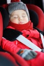 Portrait of toddler boy sleeping in car seat