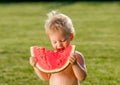 One year old baby boy eating watermelon in the garden Royalty Free Stock Photo