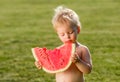 One year old baby boy eating watermelon in the garden Royalty Free Stock Photo