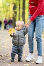 One year old baby boy in autumn park learning to walk with his mother Royalty Free Stock Photo