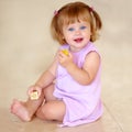 Portrait, toddler or little girl with toy in home for motor skills, child development or growth. Happy kid, cute and