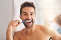 Portrait, toothbrush and happy man brushing teeth in morning for dental wellness, healthy habit and gums. Face of guy Royalty Free Stock Photo