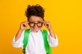 Portrait of toothy beaming smart boy with backpack wear stylish shirt touching glasses toothy smiling isolated on yellow Royalty Free Stock Photo