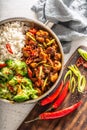 Portrait top view of Japanese teriyaki meat, with broccoli, white rice and fresh chillies