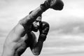 Portrait of tough male boxer posing in boxing gloves. Professional fighter ready for boxing match. Sportsman muay thai