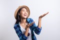 Portrait, tourist Beautiful of Asian woman Present and smiling on white background, Asia girl wear Plaid shirt and wear