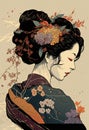 Japanese Geisha with Flowers in Her Hair - Digital Art Illustration -Generative AI