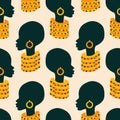 Portrait of tribal African woman with colorful necklace and earrings vector seamless pattern for fabric or wallpaper.