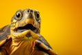 Portrait of turtle with funny surprised expression on its face on orange background