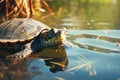 Portrait of turtle pokes it head out of water, closeup, Generated AI