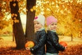 Portrait twin girls holding small pumpkins in hands in autumn park.