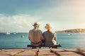 portrait of two aged people ,grey haired man and woman,couple on holidays