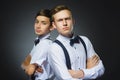 Portrait of two angry boys on gray background. Negative human emotion, facial expression. Closeup Royalty Free Stock Photo